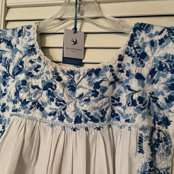 Mi Golondrina Blue & White Cielo Mexicano Flores Blouse - Size Small - Picture 5 of 12